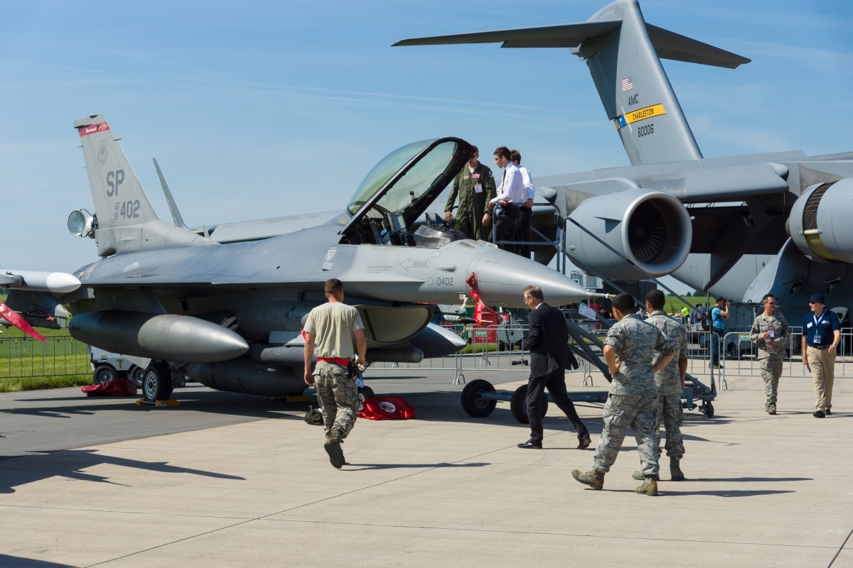 BERLIN, GERMANY - MAY 21, 2014: Lockheed Martin F-16 Fighting Falcon, US Air Force. Exhibition ILA Berlin Air Show 2014