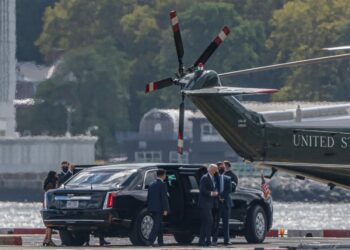 NEW YORK, NY - Sept. 21, 2021: President Biden steps out of car to board Marine One helicopter as he departs New York City after delivering speech at the UN.