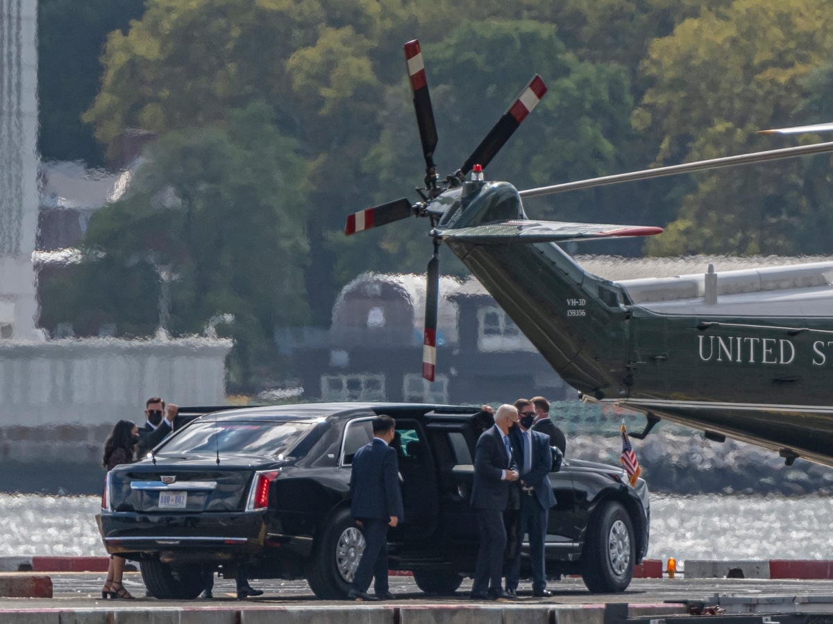 NEW YORK, NY - Sept. 21, 2021: President Biden steps out of car to board Marine One helicopter as he departs New York City after delivering speech at the UN.