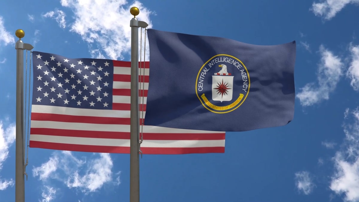 CIA Flag, USA together with American Flag Close-up Frontal on a Pole with blue cloudy sky, 3D Render