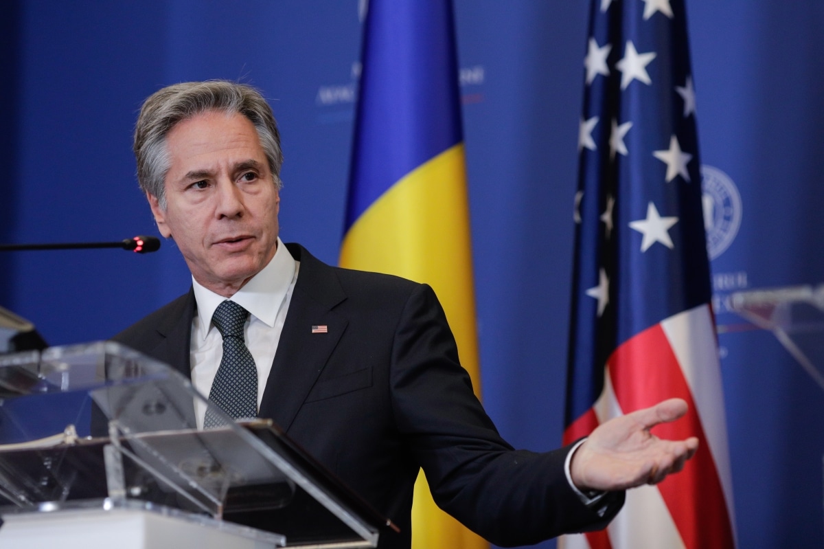 Bucharest, Romania - November 29, 2022: U.S. Secretary of State Antony Blinken attends a joint press conference with Romania's Foreign Minister Bogdan Aurescu.