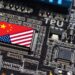 Flag of the Republic of China and the United States on microchip of a printed electronic board. Concept for world supremacy in microchip and semiconductor manufacturing.