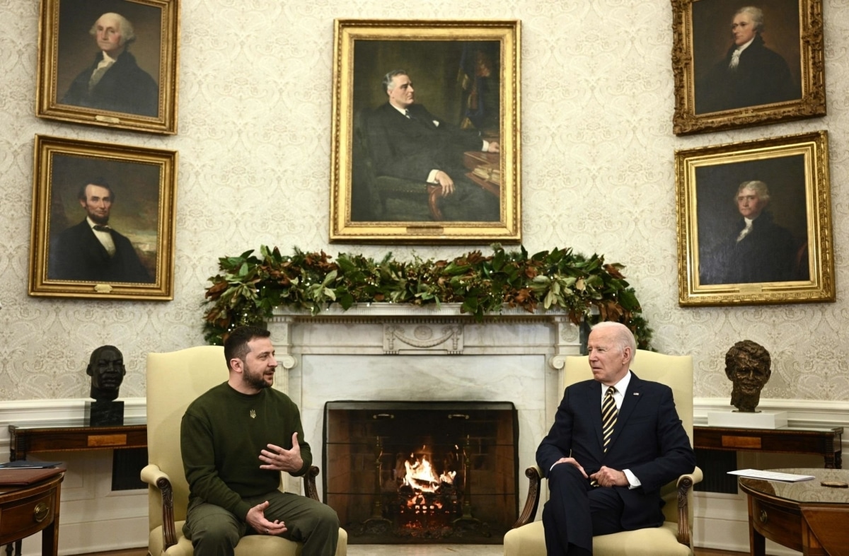 Ukraine's President Volodymyr Zelensky meets with US President Joe Biden in the Oval Office of the White House, in Washington, DC on December 21, 2022.