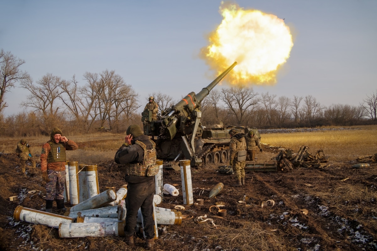 BAKHMUT, UKRAINE JAN 17 2023 Ukrainian gunners fire at enemy targets from a self-propelled artillery cannon 2S7 Pion caliber 203mm during russian invasion to Ukraine