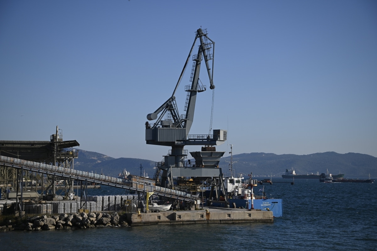 February 19, 2023. Landscape with scenic view of a shipbuilding static crane on the shoreline of Elefsina Shipyard in Attica, Greece.