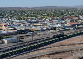 Broken Hill, New South Wales, Australia - March 7 2023: View of Broken Hill town, railway line and desert beyond.