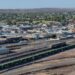 Broken Hill, New South Wales, Australia - March 7 2023: View of Broken Hill town, railway line and desert beyond.