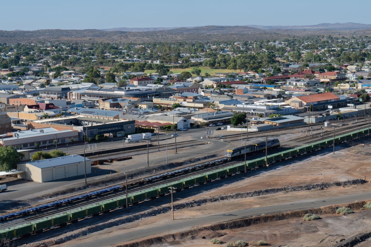 Broken Hill, New South Wales, Australia - March 7 2023: View of Broken Hill town, railway line and desert beyond.