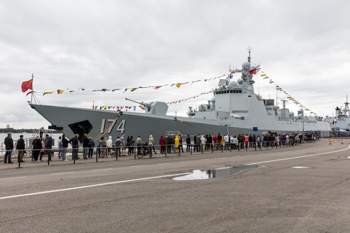 HELSINKI, FINLAND - AUGUST 2, 2017: Chinese warships visiting Helsinki, Finland August 1.-4. The picture shows the type 052D destroyer Hefei. People are waiting for access to the ship.
