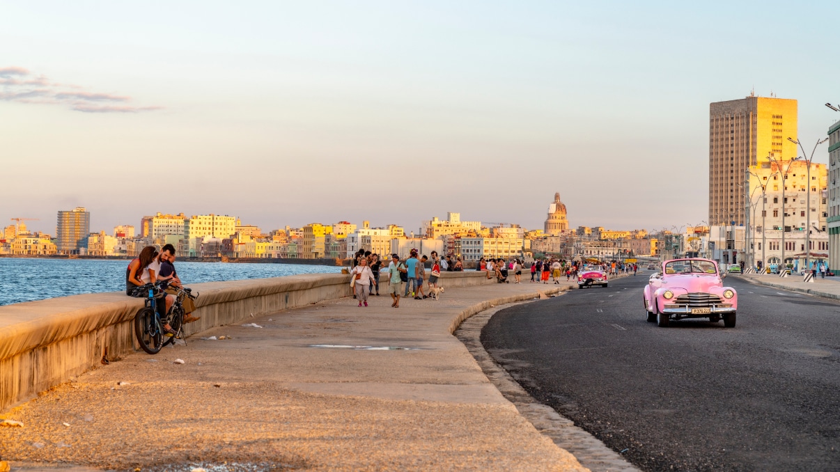 03. 03. 2020. Havana, Cuba. Sunset over the streets of the vibrant city along the sea side road also know as El Malecon.
