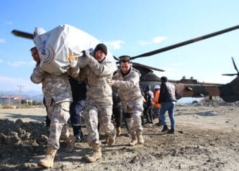 Turkey - 06 Feb 2023 Turkish Soldier Transporting Tent and Aids After Eathqueake. Hatay, Turkey, on February 06, 2023. -Local authorities reported on Sunday that the death