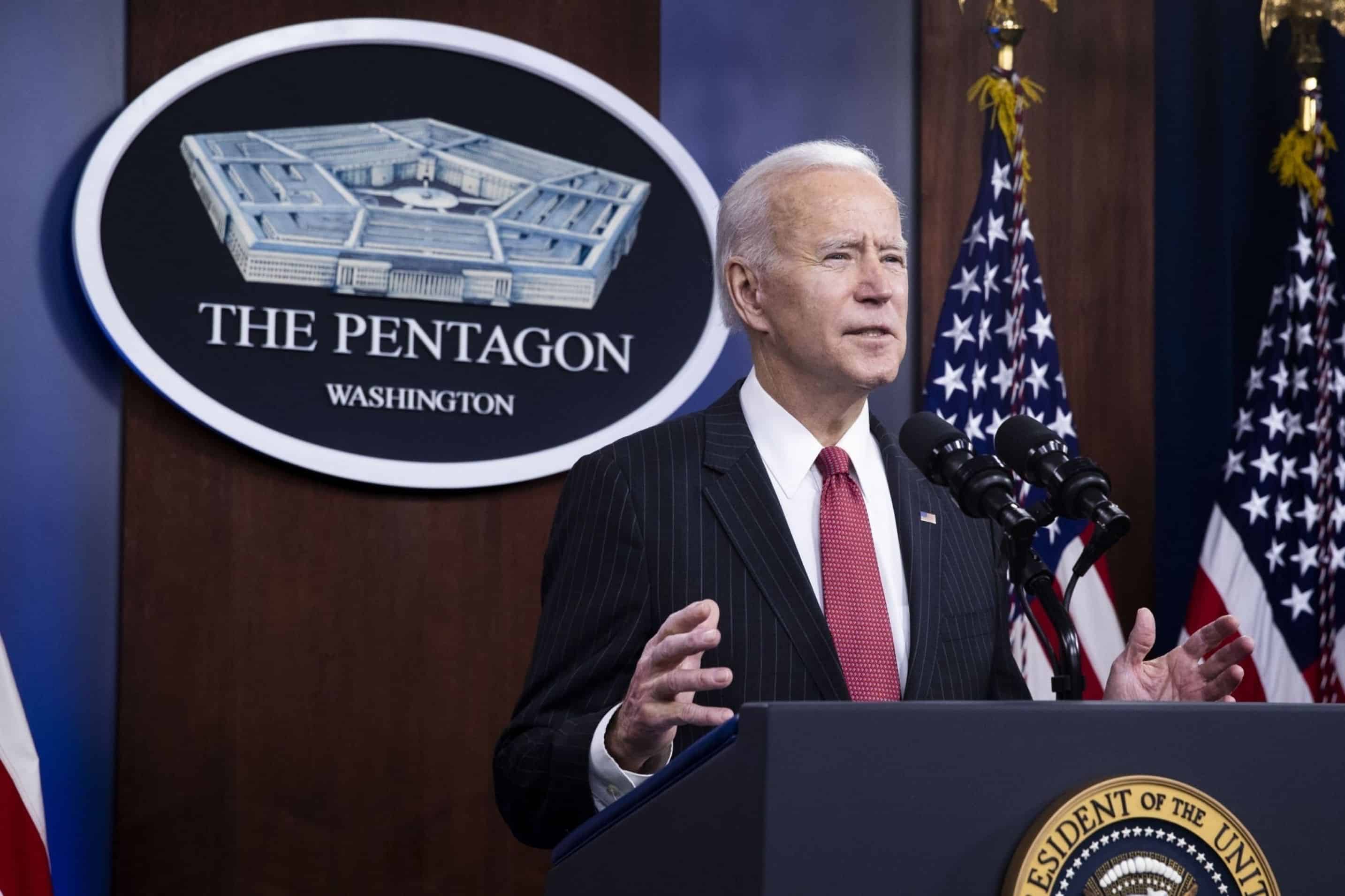 U.S. President Joe Biden speaks at the Pentagon in Arlington, Virginia, U.S., on Wednesday, Feb. 10, 2021.