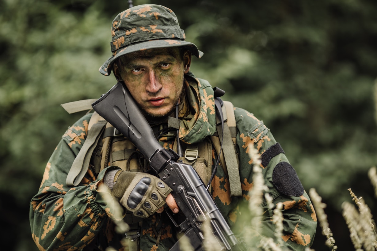 russian paratrooper airborne infantry in the forest
