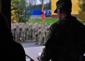 Col. John Oakley, commander of Task Force Juvigny, delivers a speech during the transfer of authority ceremony for Joint Multinational Training Group – Ukraine at the Combat Training Center