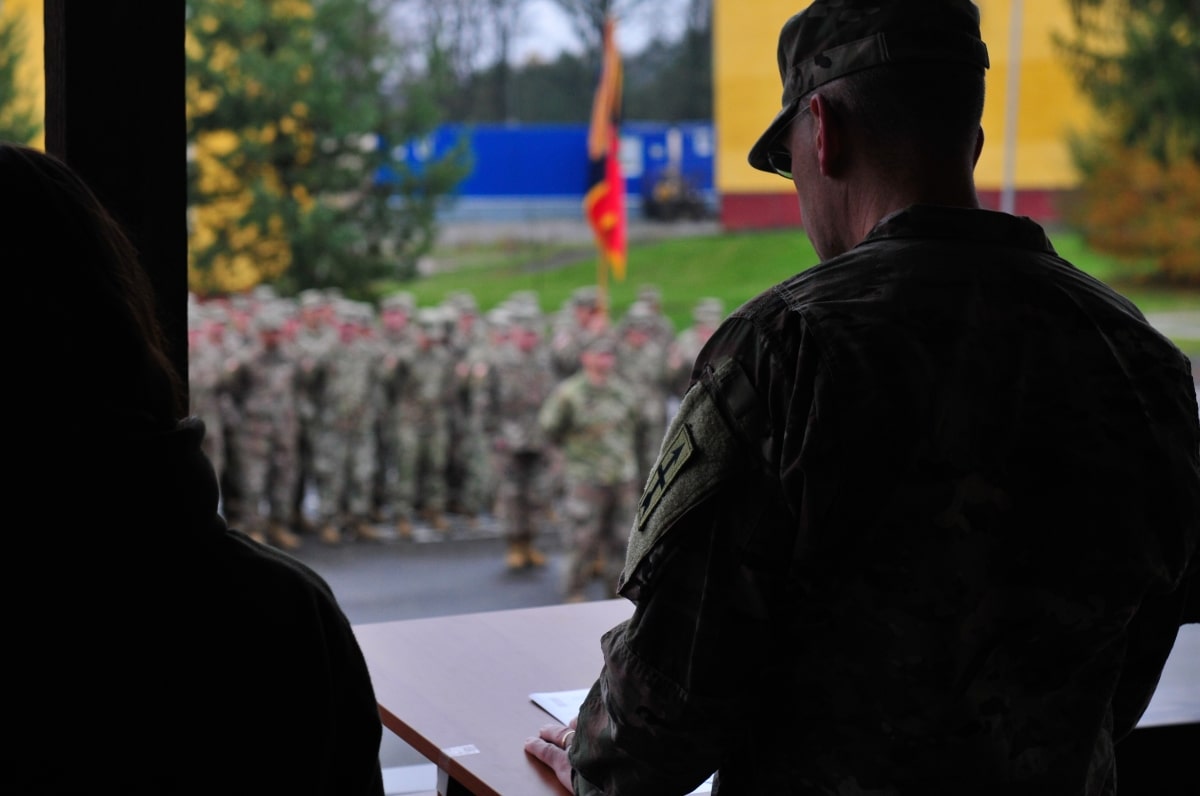 Col. John Oakley, commander of Task Force Juvigny, delivers a speech during the transfer of authority ceremony for Joint Multinational Training Group – Ukraine at the Combat Training Center