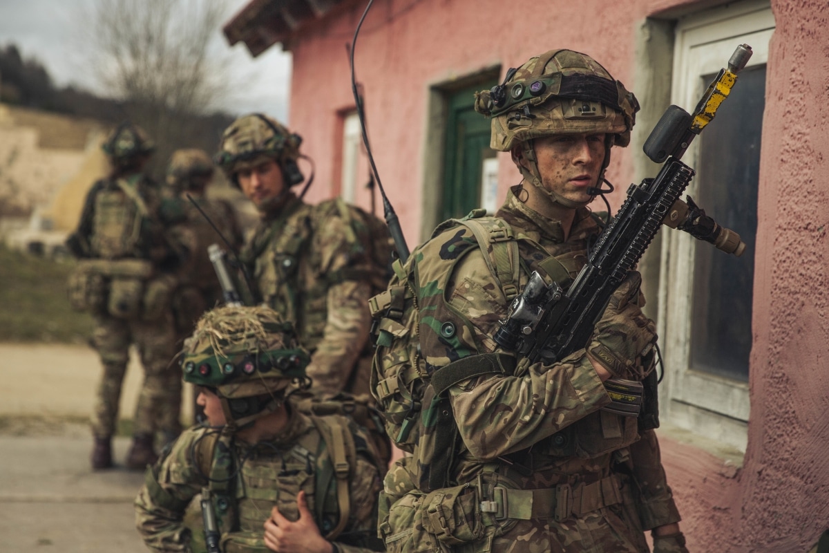 Cadets from the Royal Military Academy Sandhurst train on manuevers in an ubran environment Dynamic Victory 23-1 at the Joint Multinational Readiness Center near Hohenfels, Germany, on March 20, 2023.
