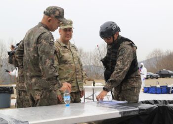 Command Sgt. Maj. Dave Silva is given a detailed explanation of how the Republic of Korea Chemical, Biological, Radiological, Nuclear (CBRN) Defense Command is ready to respond to potential Weapons of Mass Destruction threats on the Korean Peninsula during Exercise Freedom Shield 2023. U.S. Army photo by Steven M. Modugno.