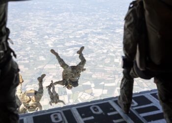U.S. Special Operations members perform a free fall jump into Normandy, France, for the 79th anniversary of D-Day, in Cherbourg, France, June 4, 2023. Seventy-nine years later, the bravery and heroism by all Allies during World War II continue to resonate with U.S. forces in Europe