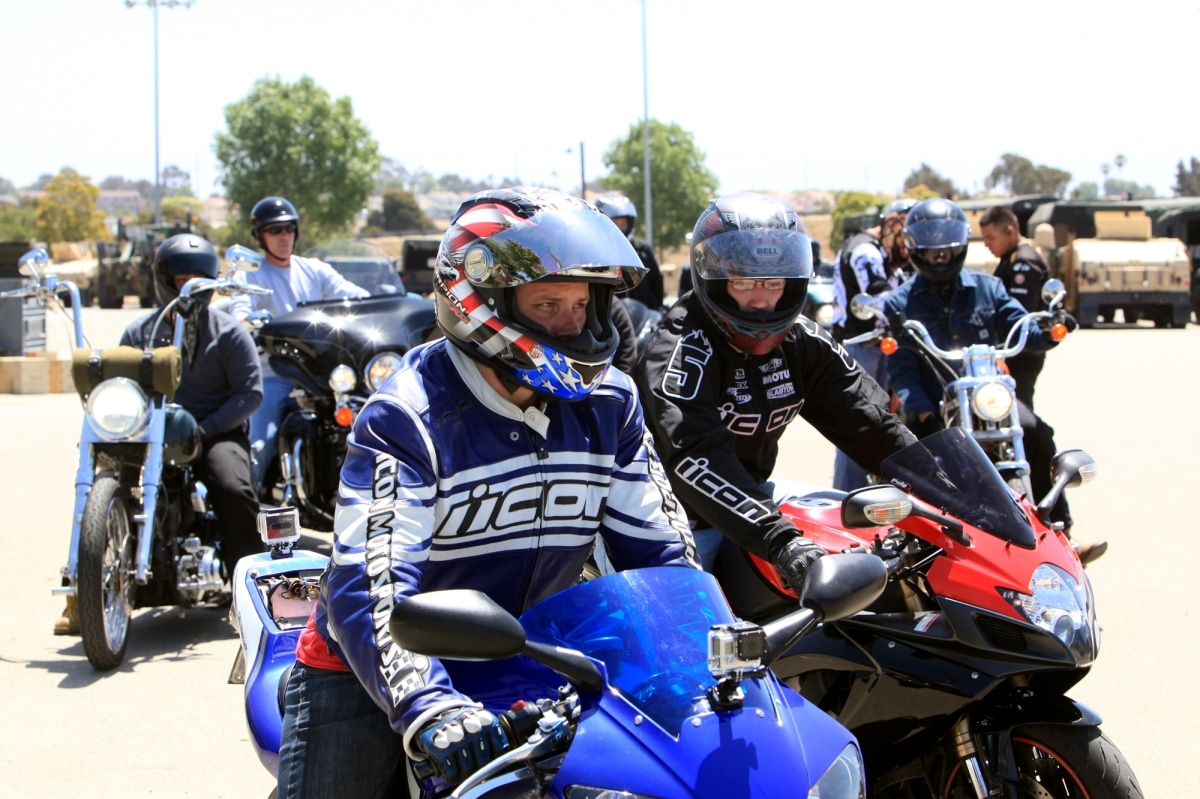 Staff Sgt. Michael S. Almendarez, the subsistence chief with field mess I Marine Expeditionary Force Headquarters Group, and the motorcycle club president, leads the way during a group ride at Camp Pendleton