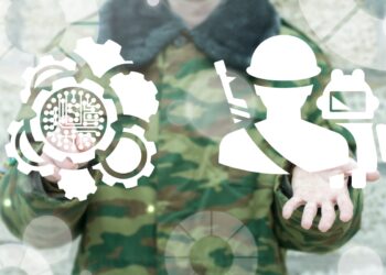 Soldier clicks a automation gears circuit button and offers a soldier robot icon. Integrated Military Smart Automated Unmanned Robotics Microchips Technology.