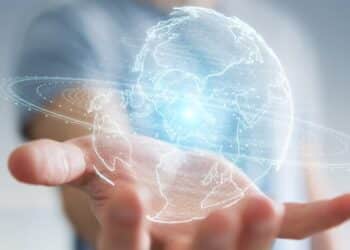 Businessman on blurred background using globe network hologram with America Usa map 3D rendering