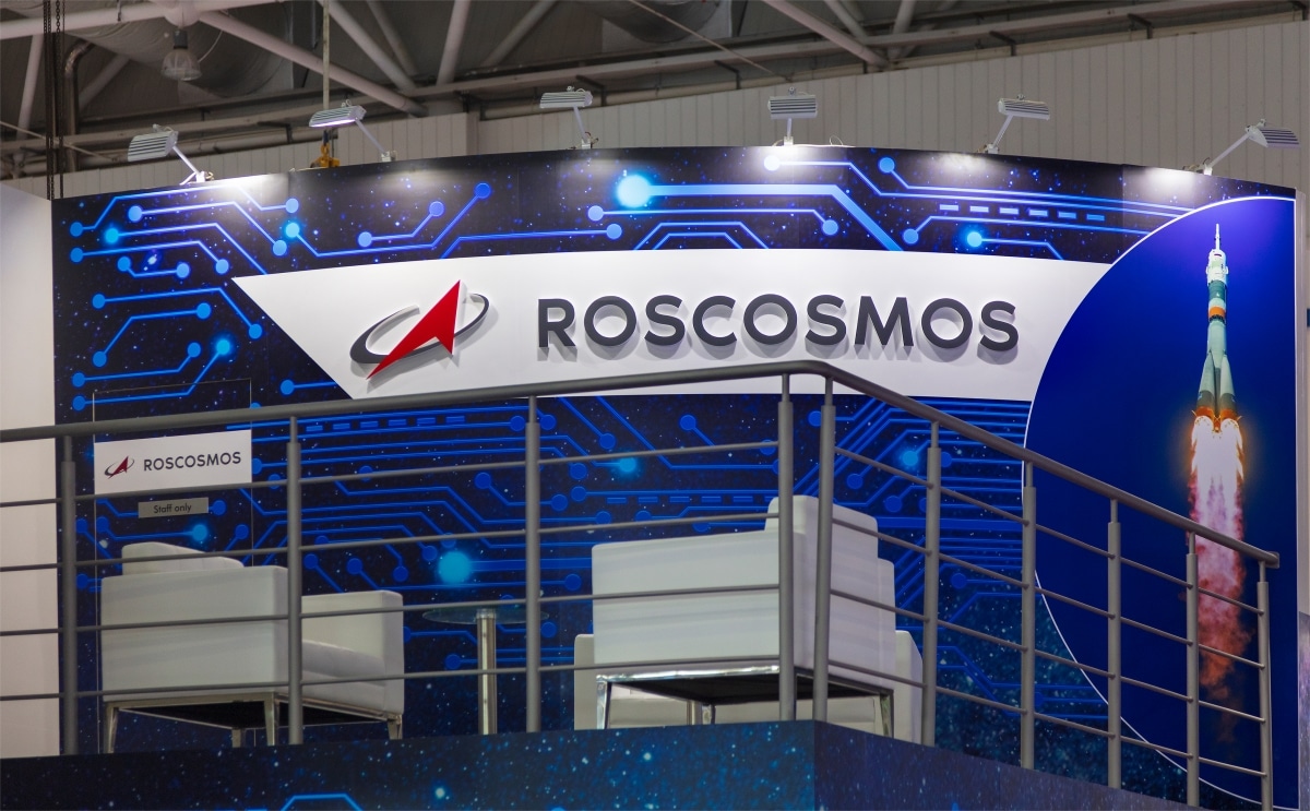 ZHUHAI, CHINA- NOVEMBER 6, 2018: ROSCOSMOS sign is seen at the 12th China International Aviation and Aerospace Exhibition