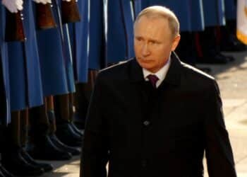 Belgrade, Serbia. January 17th 2019. President of Russian Federation, Vladimir Putin in official visit to Belgrade, Serbia. President Putin with President Aleksandar Vucic during the anthem intonation