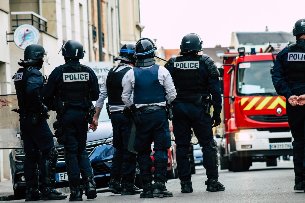 Reims France May 18, 2019 View of the French National Police in intervention against the rioters during protests of the Yellow Jackets in the streets of Reims on saturday afternoon