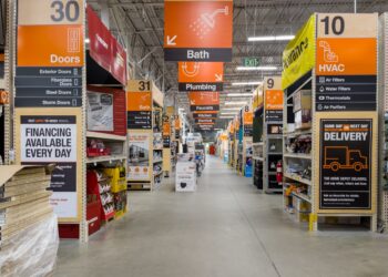 PORT CHARLOTTE, FLORIDA - January 21, 2021 : Home Depot home improvement store interior with hardware section aisle signs.