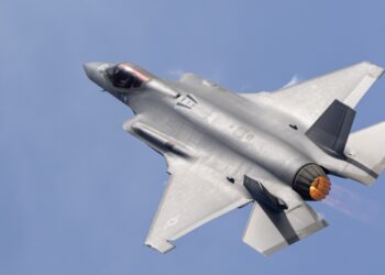 Close top view of a F-35C Lightning II with afterburner on