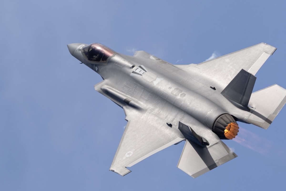 Close top view of a F-35C Lightning II with afterburner on