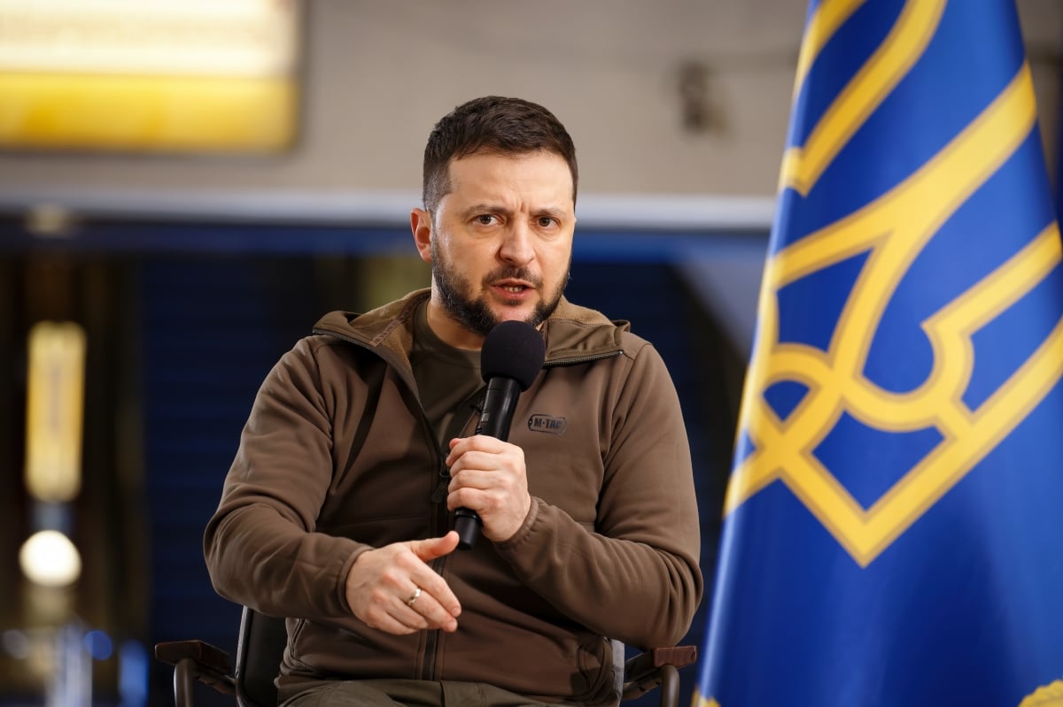APR-23-2022 Press conference of Volodymyr Zelenskyy the President of Ukraine during Russian Ukrainian war at Kyiv Metro station to protect against air strikes. Kyiv, Ukraine