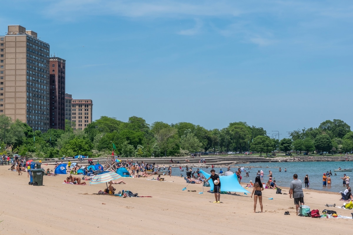 Chicago, Illinois United State - May 30, 2022 Memorial Day Weekend Hot Chicago Summer Lakefront crowded beaches.