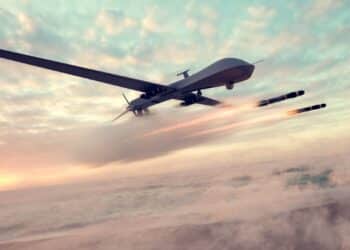 Military combat drone UAV launching missiles 3d render