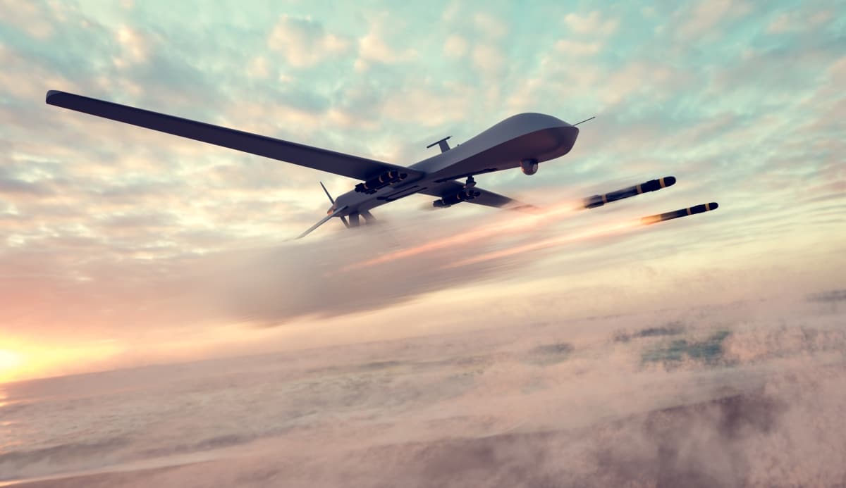 Military combat drone UAV launching missiles 3d render