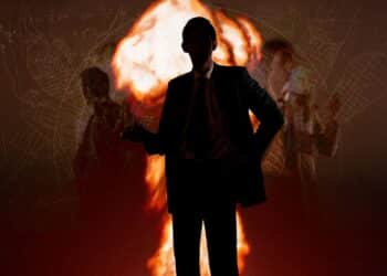 Manhattan project, development of nuclear weapons, history of science of the 20th century. Art collage with a nuclear explosion