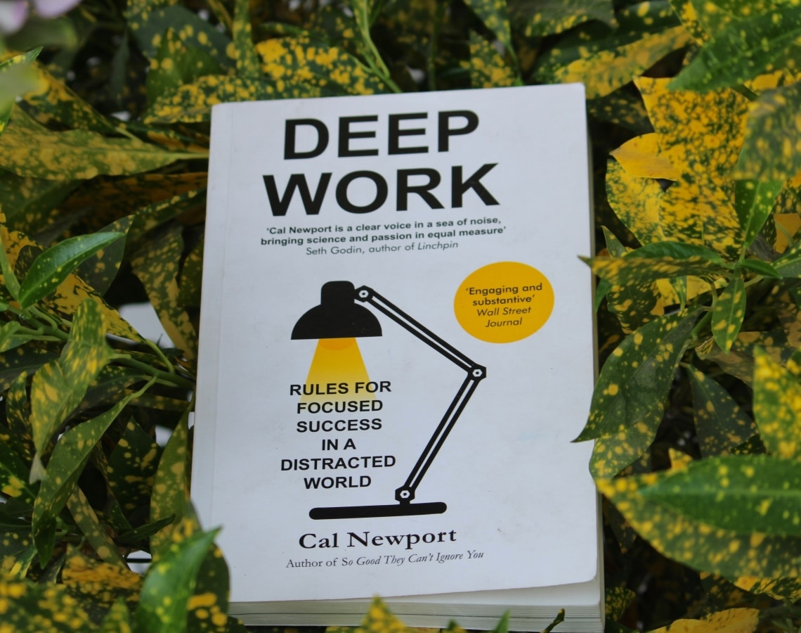 Uttarakhand, India - Feb 26, 2023: Close up of Deep Work book by Cal Newport in a green-yellow leaves
