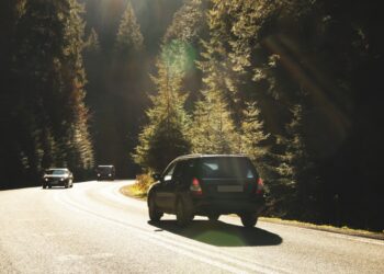Road in Ukrainian Carpathian mountains in sunny day