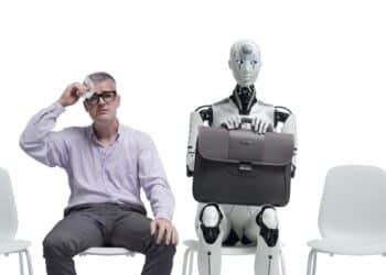 Stressed anxious man and robot sitting in the waiting room, they are waiting for a job interview, copy space