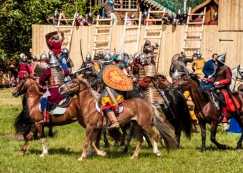 Moscow, Russia - June, 2017: History reenactment in Kolomenskoe in Moscow, Russia. Mongol rule invasion, Battle of the Kalka River reconstruction.