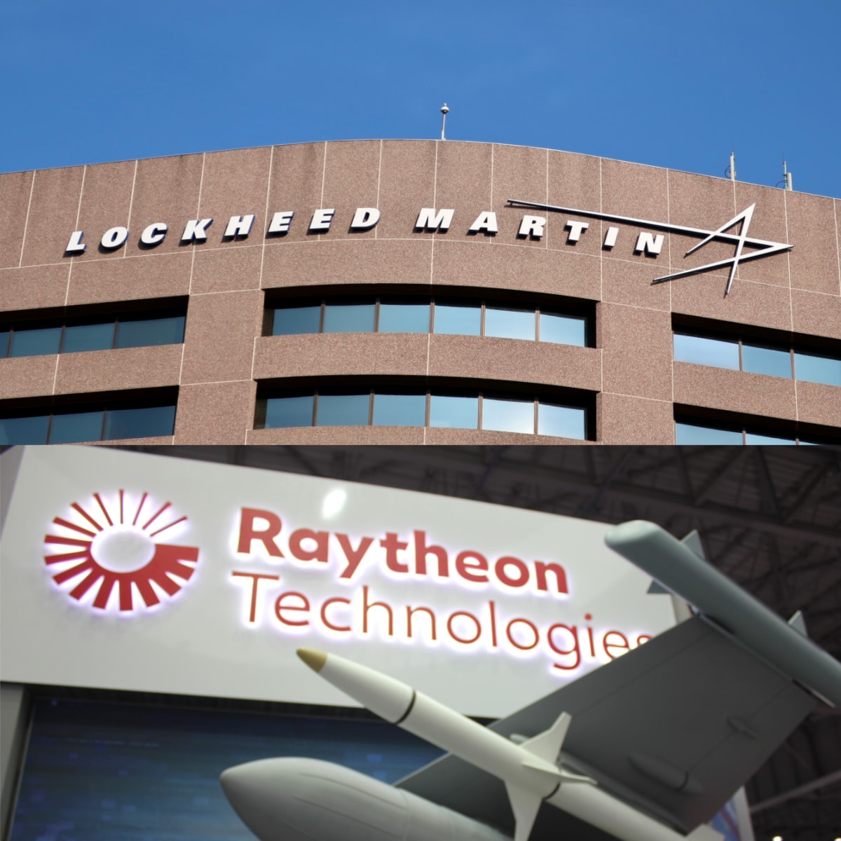 Lockheed Martin building and Raytheon Technologies logo photo collage.