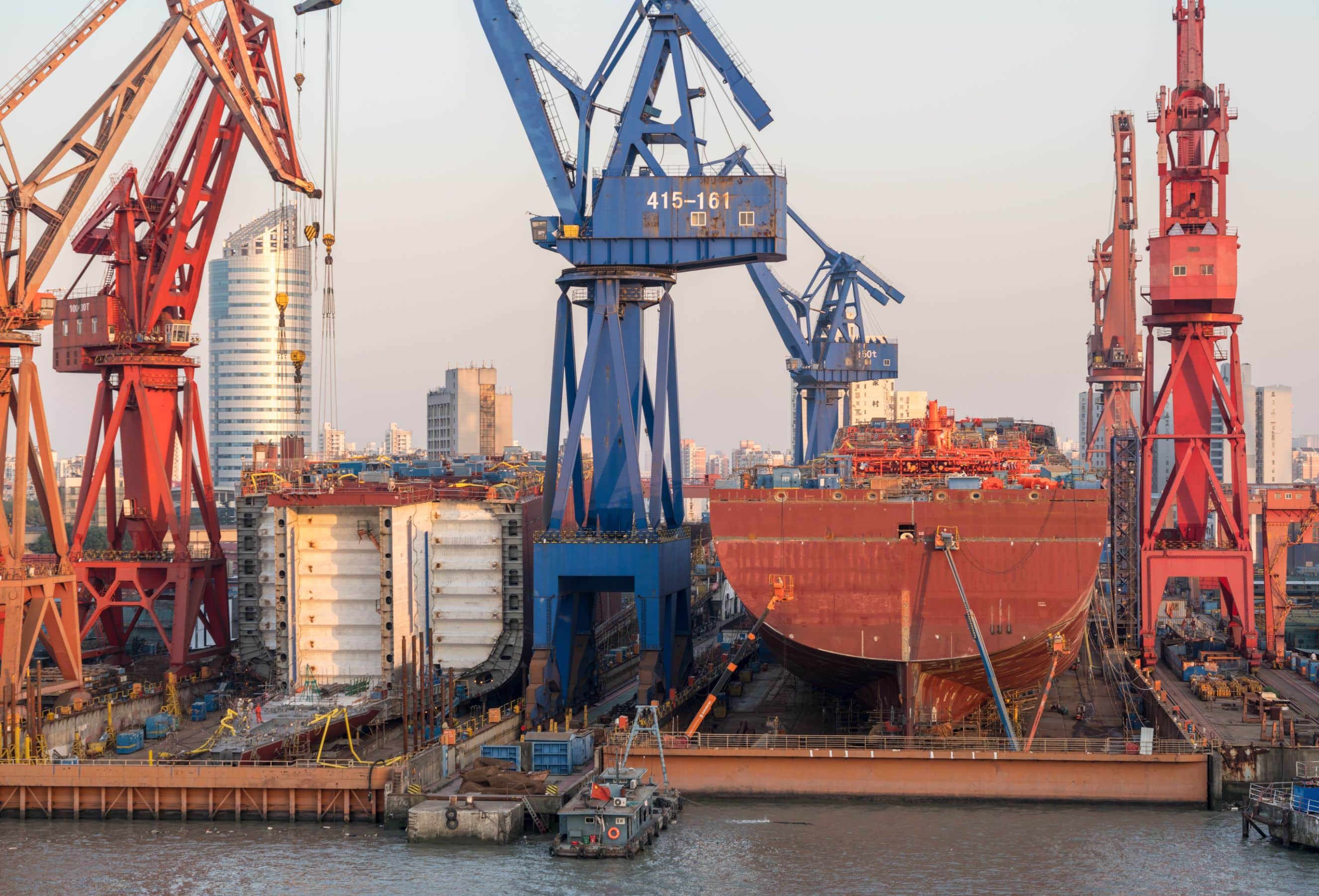 SHANGHAI, CHINA - OCTOBER 27, 2018: Shipbuilding along banks of River Huangpu in Shanghai, China