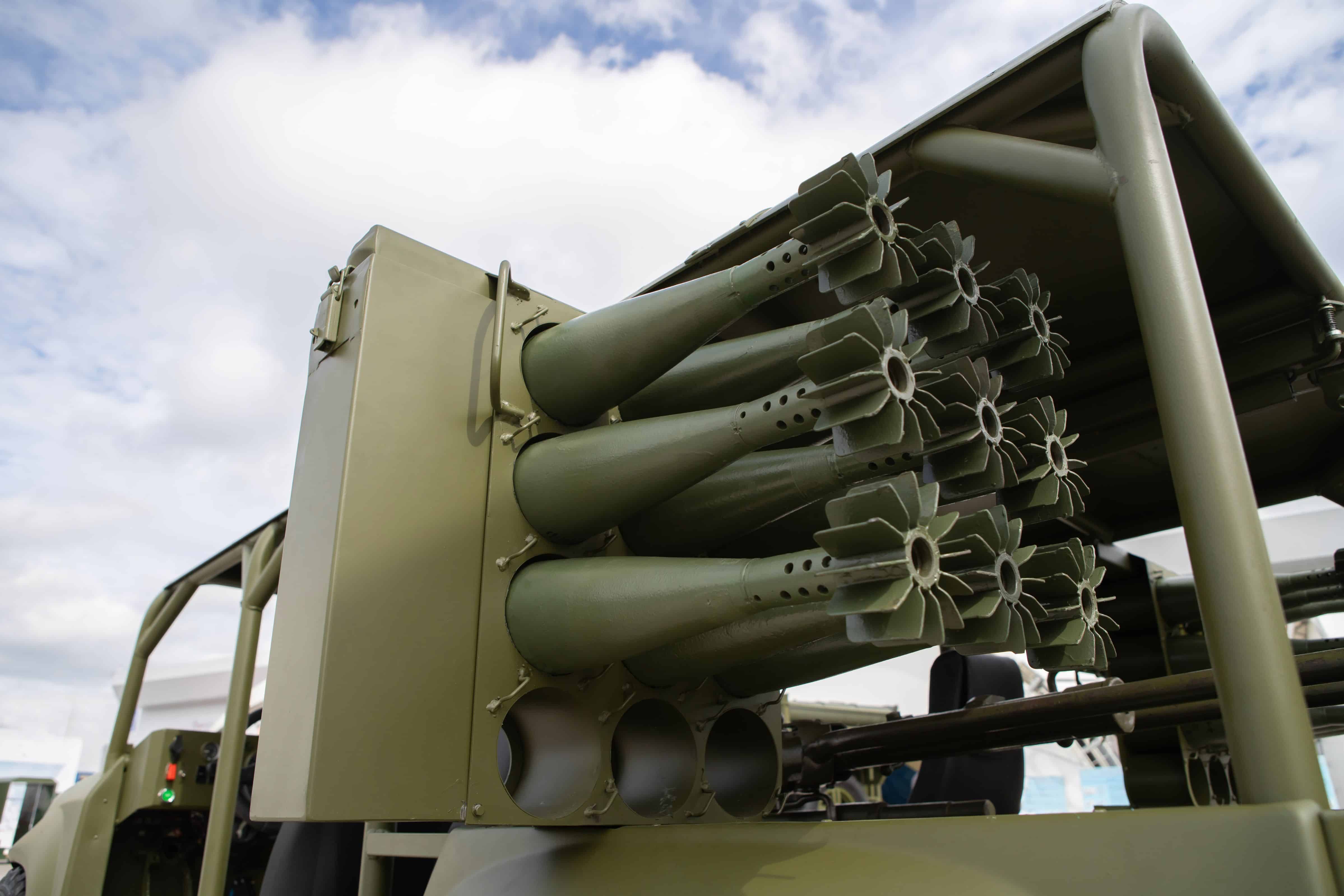 Mortar shells. Artillery vehicles transport ammunition for military operations. Close-up