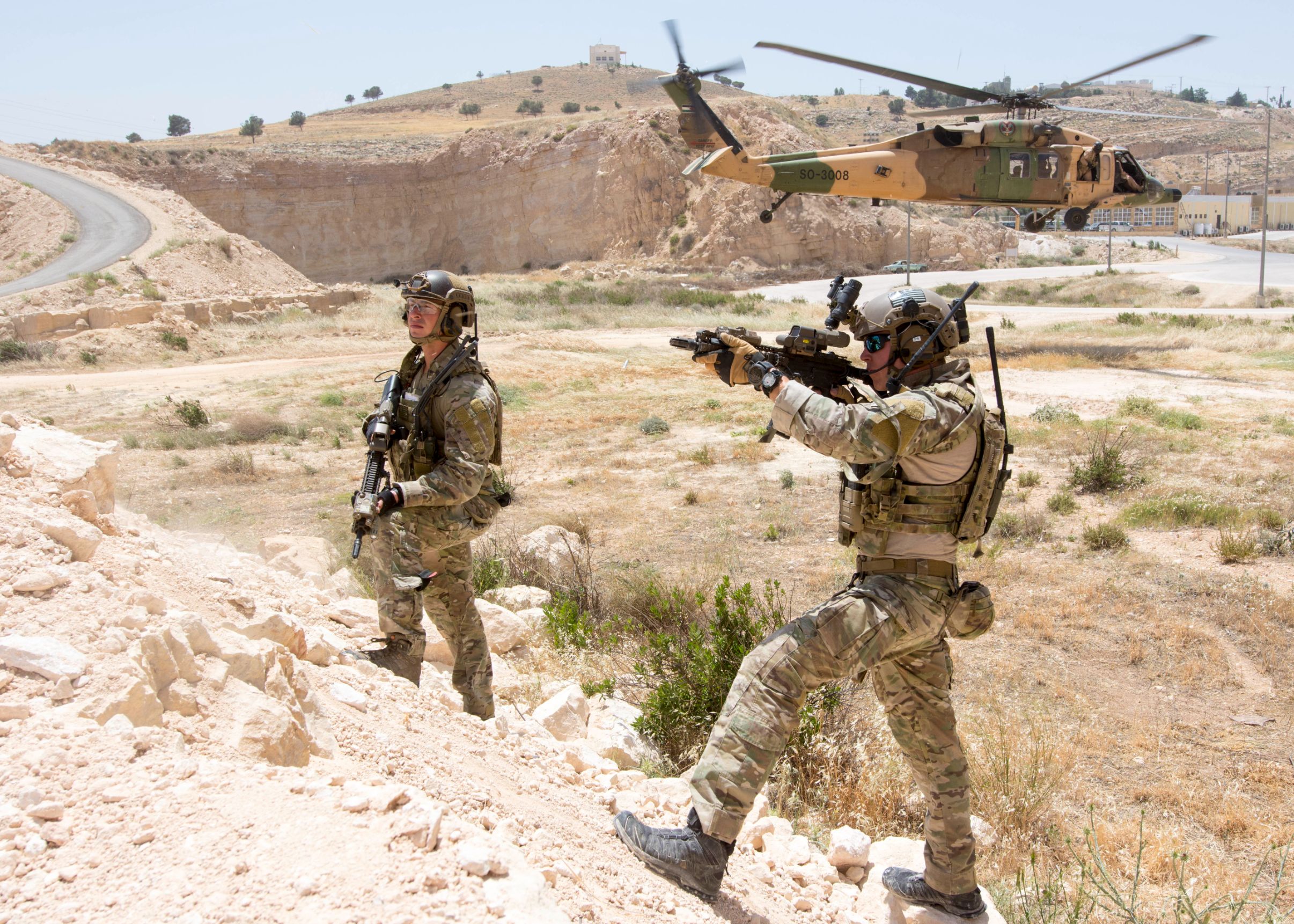 AMMAN, Jordan (May 11, 2017) Members of the Air Force Special Operations, assigned to the 23rd Special Tactics Squadron, provide security of a landing zone during a combat search and rescue exercise in support of Eager Lion 2017. Eager Lion is an annual U.S. Central Command exercise in Jordan designed to strengthen military-to-military relationships between the U.S.