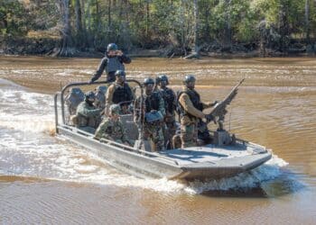 Naval Small Craft Instruction and Technical Training School (NAVSCIATTS) students from Africa Command (AFRICOM) participate in a Patrol Craft Officer Riverine training exercise on the Pearl River, near the John C. Stennis Space Center, Mississippi, Dec. 2, 2020.
