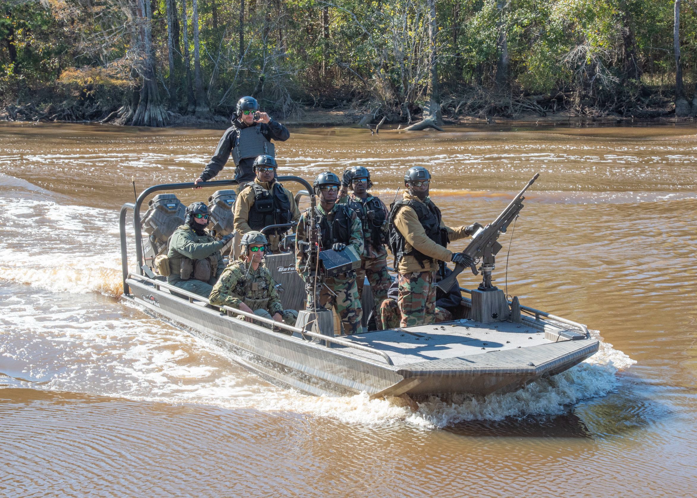 Naval Small Craft Instruction and Technical Training School (NAVSCIATTS) students from Africa Command (AFRICOM) participate in a Patrol Craft Officer Riverine training exercise on the Pearl River, near the John C. Stennis Space Center, Mississippi, Dec. 2, 2020.