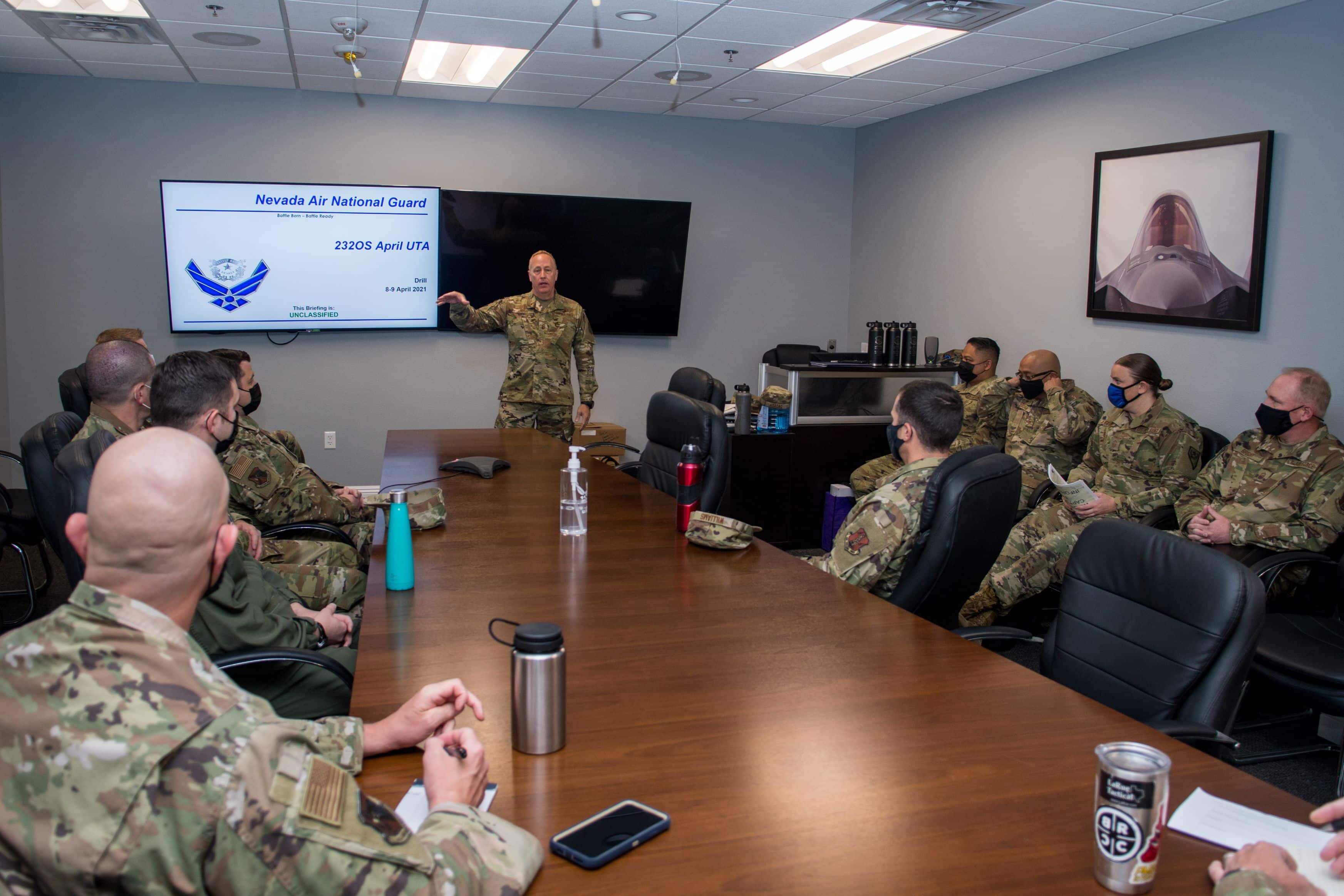 Nevada Air National Guard Command Chief Master Sergeant James Lindsay addresses the 232nd Operations Squadron during an Enlisted Call, Apr. 8, 2021, at Nellis AFB, Nev. The 232nd OS currently supports the operation of the Nevada Virtual Test and Training Center.