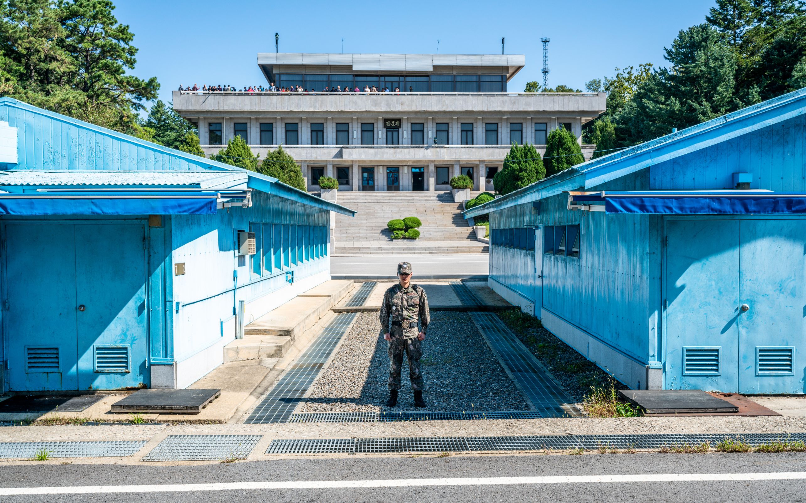 JSA Korea, 24 September 2019 : Border between the North and South Korea at the Joint Security Area or Panmunjom with blue huts and demarcation line in DMZ South Korea