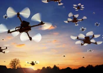 swarm of drone during golden hour