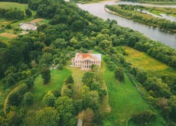Khal'ch, Vetka District, Belarus. Aerial View Old House Manor Of Landowner Voynich-Senozhetskih. Top View Of Beautiful European Nature From High Attitude In Summer Season. Drone View. Bird's Eye View.
